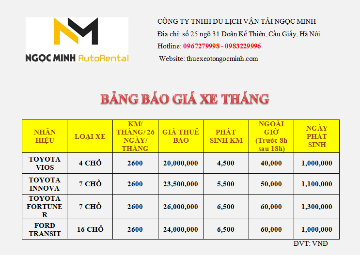 Bảng giá cho thuê xe theo tháng Ngọc Minh Bảng báo giá cho thuê xe ô tô giá rẻ tại Hà Nội