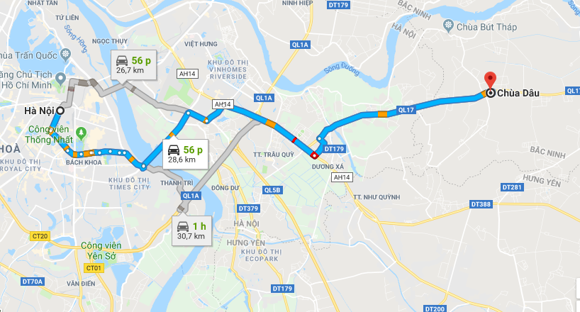 Lộ trình cho thuê xe 16 chỗ đi chùa Dâu - Bắc Ninh từ Hà Nội